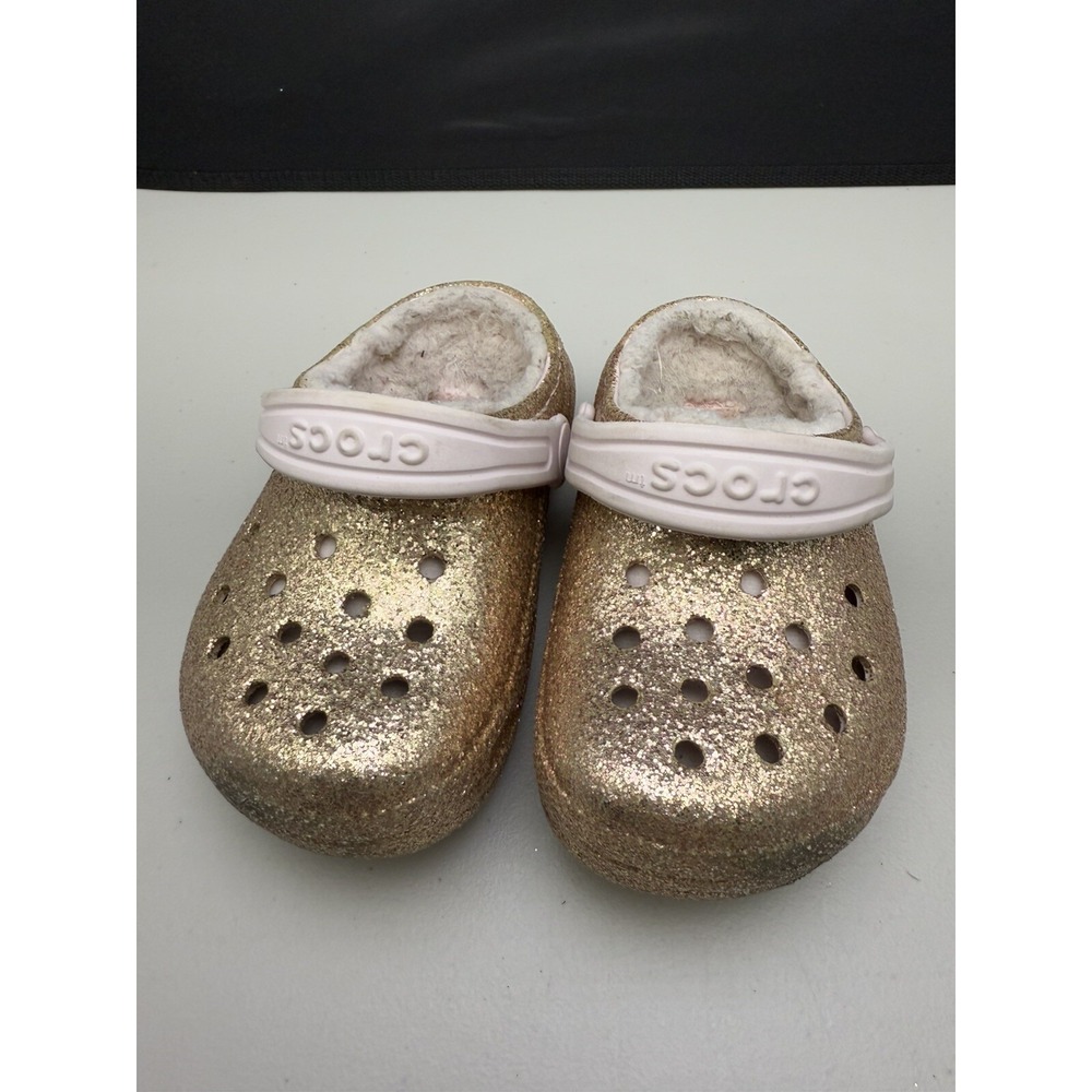 Kids Crocs Classic Glitter Lined Clogs Childrens Warm Fuzz Slippers Shoes‎ Sz C7